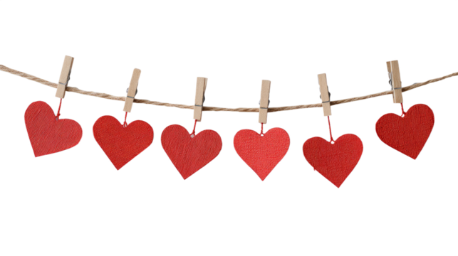 Paper Hearts Hanging on Rope with Small Clips isolated on transparent background Remove png, Clipping Path, pen tool