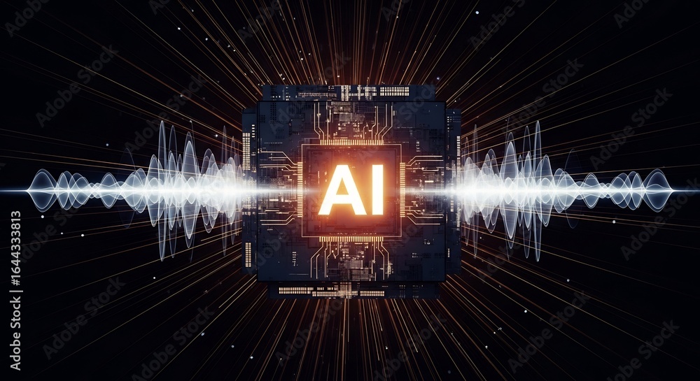 Poster glowing ai chip with sound waves and data lines on black background