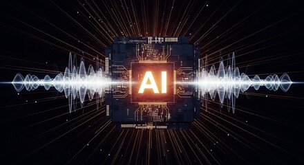 Glowing AI Chip with Sound Waves and Data Lines on Black Background