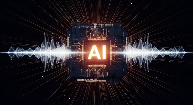 Glowing AI Chip with Sound Waves and Data Lines on Black Background