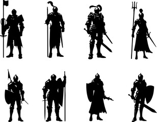 Vector sketch illustration silhouette design of a group of soldiers knights in armor of the classic vintage kingdom era with combat weapons