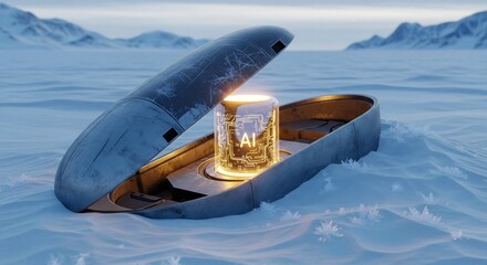 Glowing AI Core in Weathered Pod on Vast Arctic Snowscape