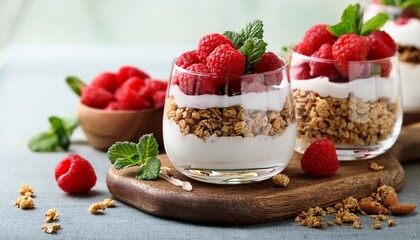 Fototapeta premium yogurt parfait with granola raspberries and strawberries