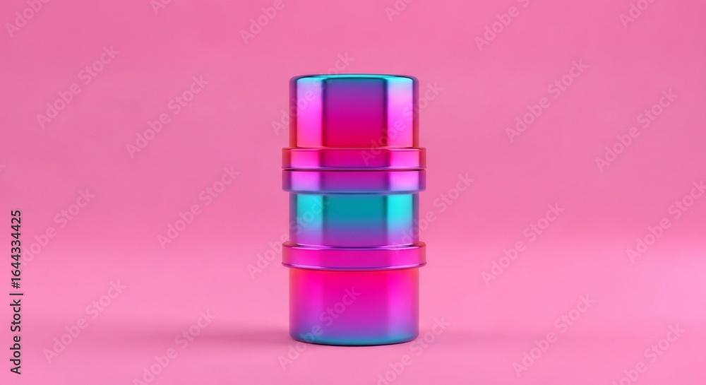 Poster stacked iridescent cylinders on pink background abstract 3d render.