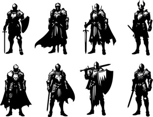 Vector sketch illustration silhouette design of a group of war troops in armor from the classic vintage kingdom era