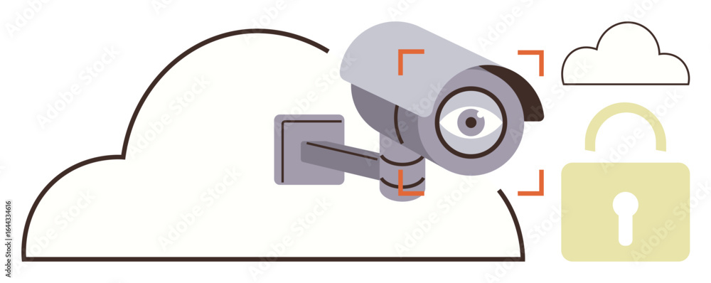 Poster cctv camera mounted on a wall near cloud and padlock visuals representing data security and privacy.