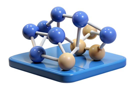 3D Molecular Structure Model with Blue and Tan Spheres on a Blue Base molecule science