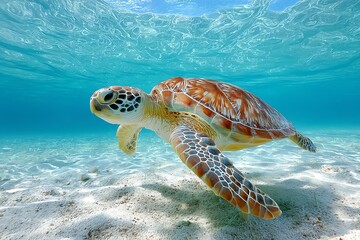 Obraz premium sea turtle gliding over sandy ocean floor