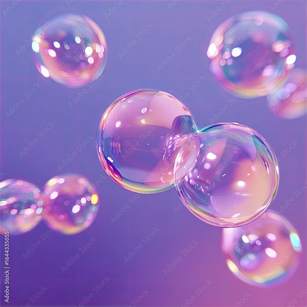 Poster iridescent soap bubbles float against a soft purple-pink gradient background, some clustered togethe