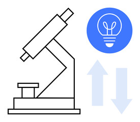 Microscope with simple design, blue light bulb symbolizing innovation, and arrows indicating growth and progress. Ideal for science, education, research, innovation, progress, data analysis simple