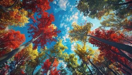 Autumn forest canopy, vibrant colors, sunlight, scenic view.  Possible use nature backdrop
