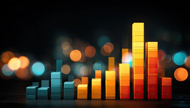 3D bar graph; teal and orange blocks ascend against a blurred city lights backdrop, symbolizing growth and progress - Powered by Adobe