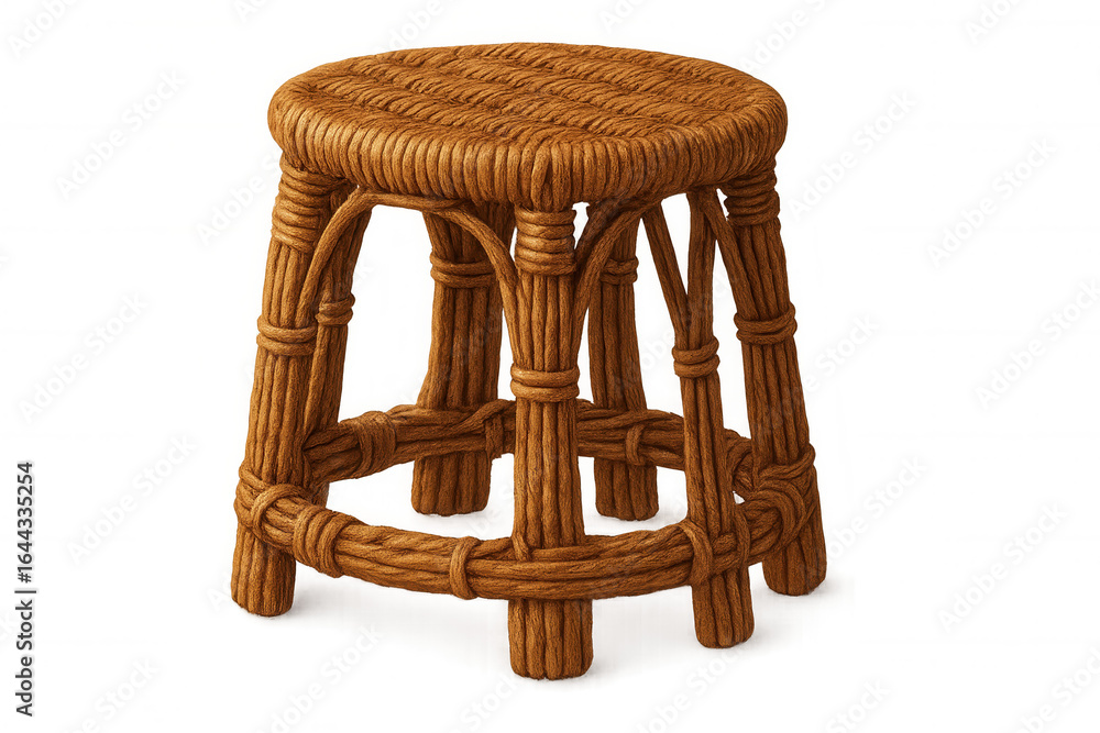 Poster minimalist round wicker stool with neutral tone, providing clean backdrop for interior styling and d