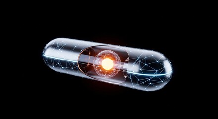 High-Tech Nanobot Capsule with Luminous Core and Glowing Plexus Network