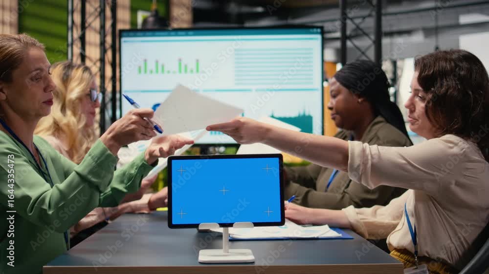 Poster multiethnic team of businesswomen with a mockup display gather in meeting, discuss project goals and