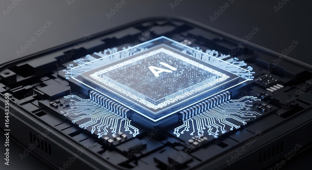 Poster illuminated ai chip: futuristic circuitry and artificial intelligence concept.