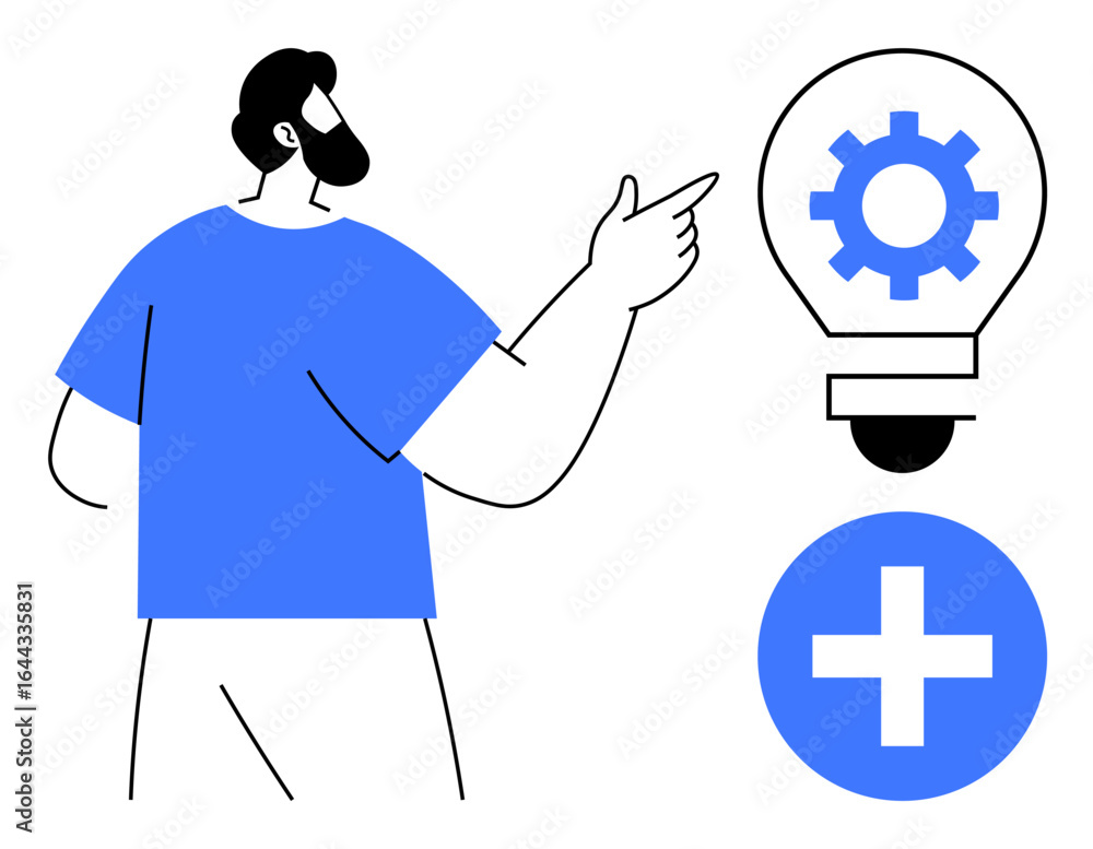 Aufkleber man pointing at lightbulb with gear mechanism and plus sign. ideal for innovation, teamwork, creativ