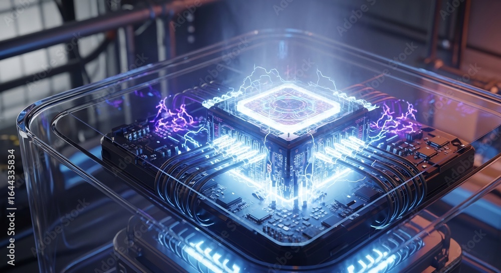 Poster illuminated cpu processor with energy flowing, futuristic technology concept.