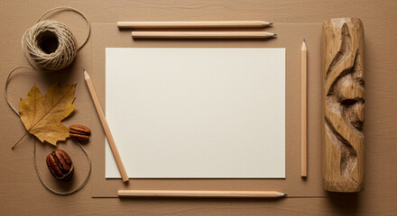 Autumn Inspiration Workspace Flat Lay with Blank Paper Pencils Leaf and Carved Wooden Object Artistic Composition for Creative Projects