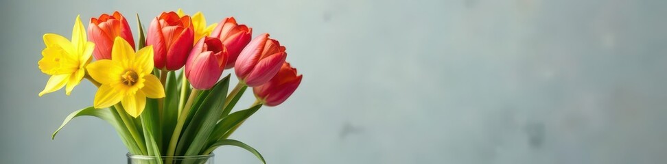 Naklejka premium Vibrant tulips, daffodils, hyacinths in a glass vase , colorful, colorful spring, spring blooms