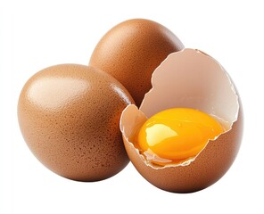 There are two brown eggs and one broken egg placed on a white background