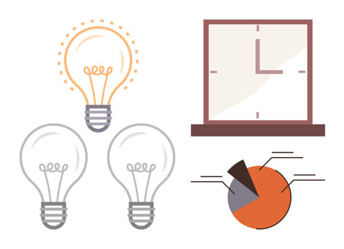 Three light bulbs symbolizing creativity, a clock indicating time management, and a pie chart for data analysis. Ideal for innovation, productivity, planning, deadlines, teamwork, brainstorming