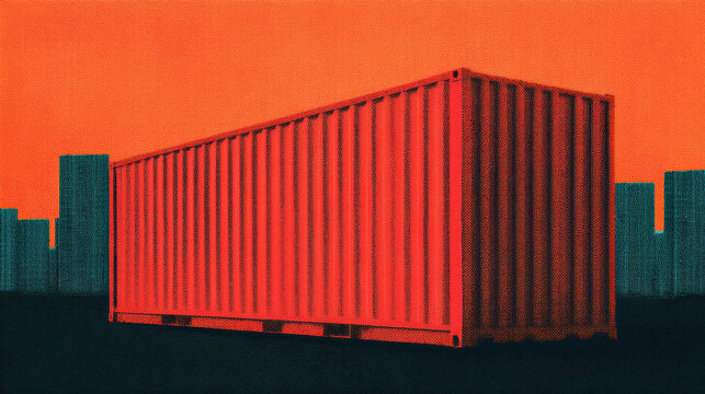 A large red shipping container stands against a vibrant orange background, contrasting with dark silhouettes of buildings.