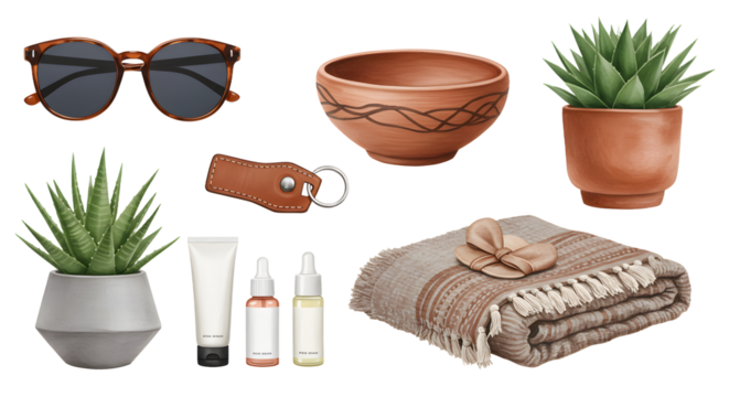 LIFESTYLE - Flat lay of natural wellness and self-care items including sunglasses, aloe plants, skincare bottles, ceramic bowl, and cozy blanket on white background