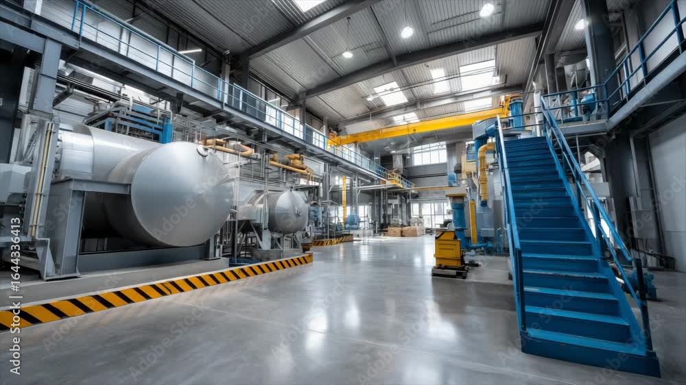 Poster large industrial space features high-tech machinery and structured layout designed for manufacturing
