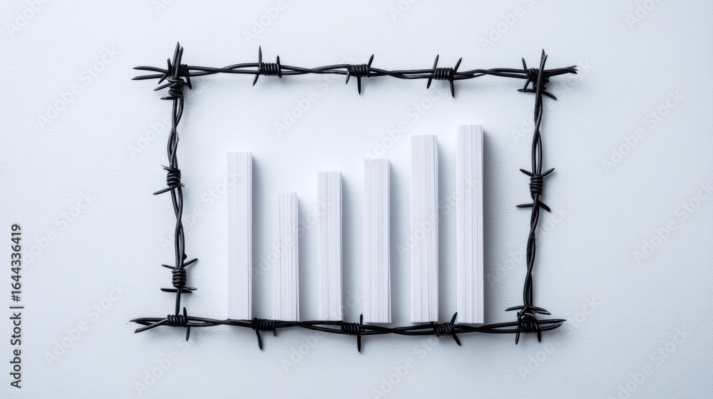 Poster a creative representation of a bar graph enclosed in a frame of barbed wire, symbolizing restriction