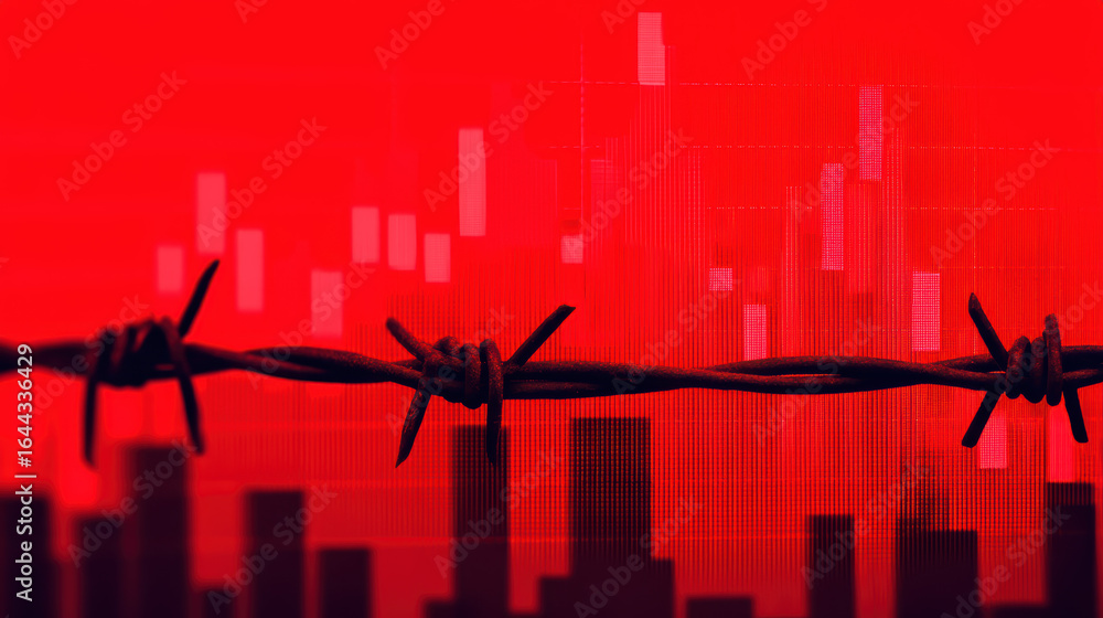 Poster a striking image featuring barbed wire against a red backdrop with digital charts, symbolizing barri