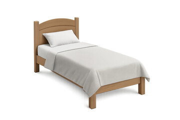 Wooden single bed with white linen on transparent background