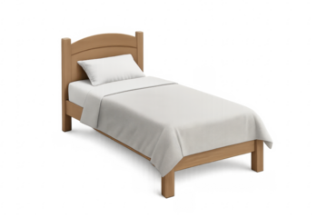 Wooden single bed with white linen on transparent background