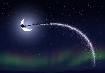 Santa Claus flies across the crescent moon leaving a trail of stardust on a starry Christmas night