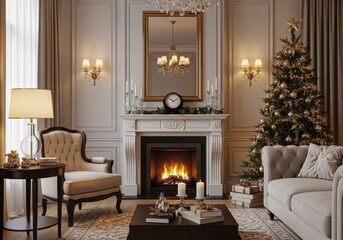 Elegant Living Room Decorated for Christmas Celebration with Festive Fireplace and Tree