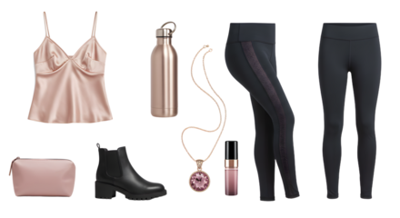 LIFESTYLE - Flat lay of women?s fashion items including satin camisole, black leggings, ankle boots, pink purse, necklace, reusable water bottle, and nail polish on white background