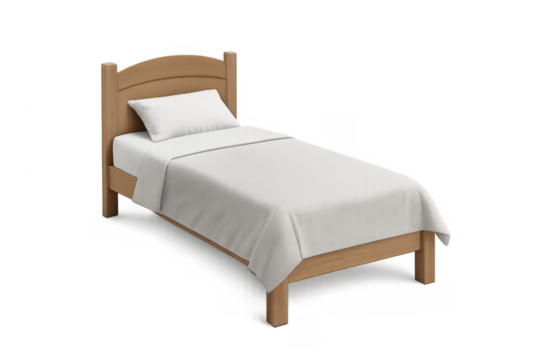 Wooden single bed with white linen on transparent background