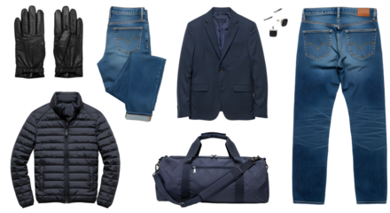 LIFESTYLE - Men's casual outfit flat lay with navy blazer, blue jeans, black puffer jacket, leather gloves, and duffle bag on white background