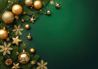 Elegant Golden Christmas Ornaments and Greenery on a Dark Green Background