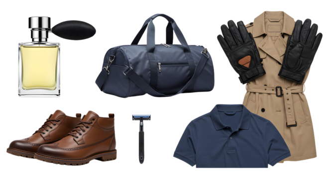 LIFESTYLE - Men's fashion essentials including leather shoes, blue duffel bag, beige trench coat, polo shirt, black gloves, cologne, and shaving razor