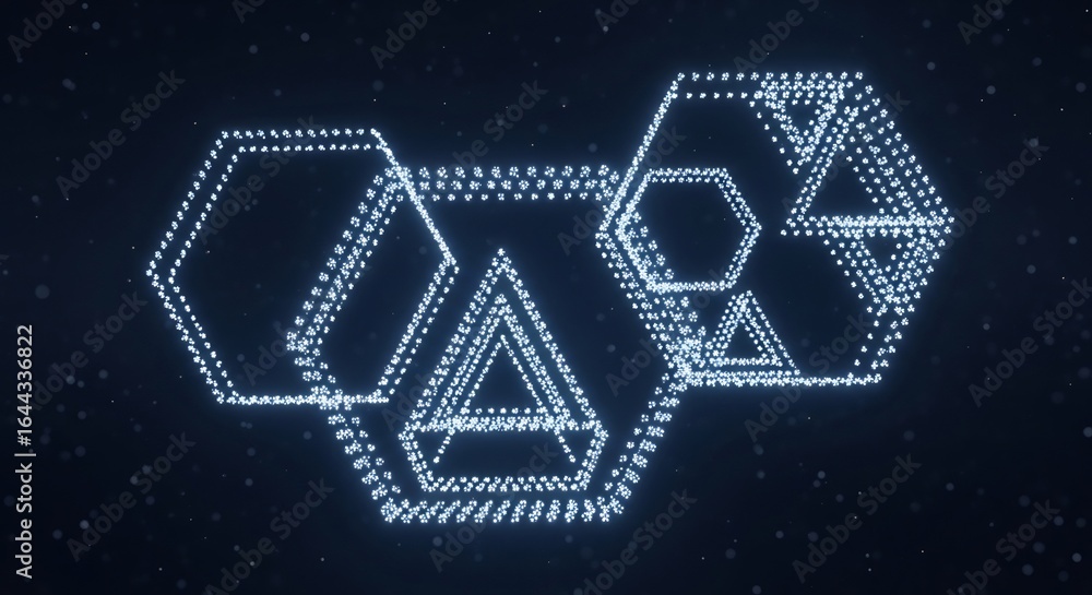 Poster luminescent geometric constellation of interconnected hexagons and triangles on dark starry backgrou