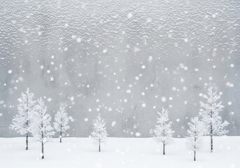 Gentle snowfall blankets a serene winter forest with frosty white trees and a textured grey background creating a peaceful winter wonderland atmosphere