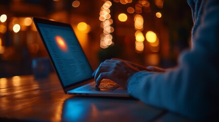 Person typing on laptop at night