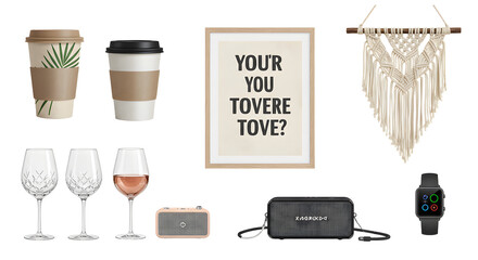 LIFESTYLE - Minimalist flat lay with coffee cups, wine glasses, framed motivational quote, macrame wall hanging, speaker, purse, and smartwatch on white background