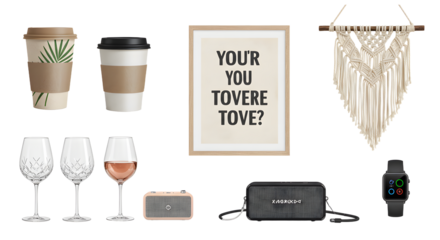 LIFESTYLE - Minimalist flat lay with coffee cups, wine glasses, framed motivational quote, macrame wall hanging, speaker, purse, and smartwatch on white background