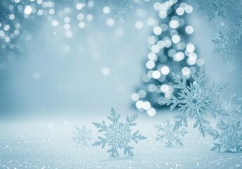 Beautiful Winter Snowflakes and Christmas Tree Bokeh Lights Background Festive Holiday Season