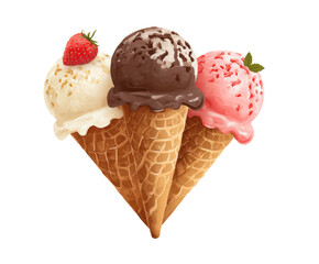Three ice cream cones strawberry, chocolate, and vanilla. Cut out transparent - stock png