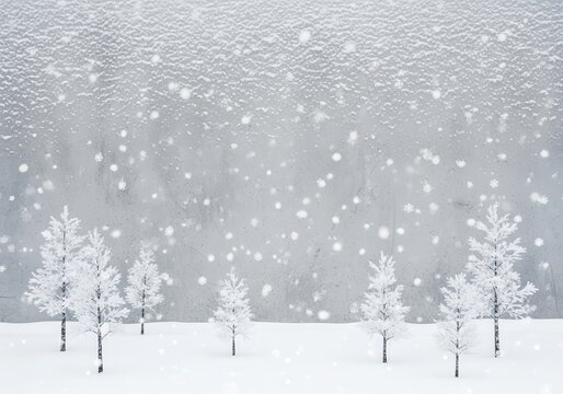Gentle snowfall blankets a serene winter forest with frosty white trees and a textured grey background creating a peaceful winter wonderland atmosphere