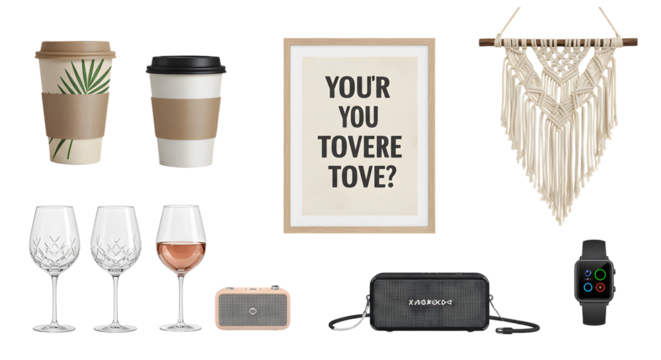 LIFESTYLE - Minimalist flat lay with coffee cups, wine glasses, framed motivational quote, macrame wall hanging, speaker, purse, and smartwatch on white background