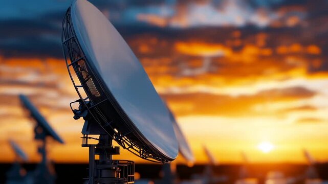 A large satellite dish captures signals at sunset, surrounded by smaller dishes in a serene rural setting